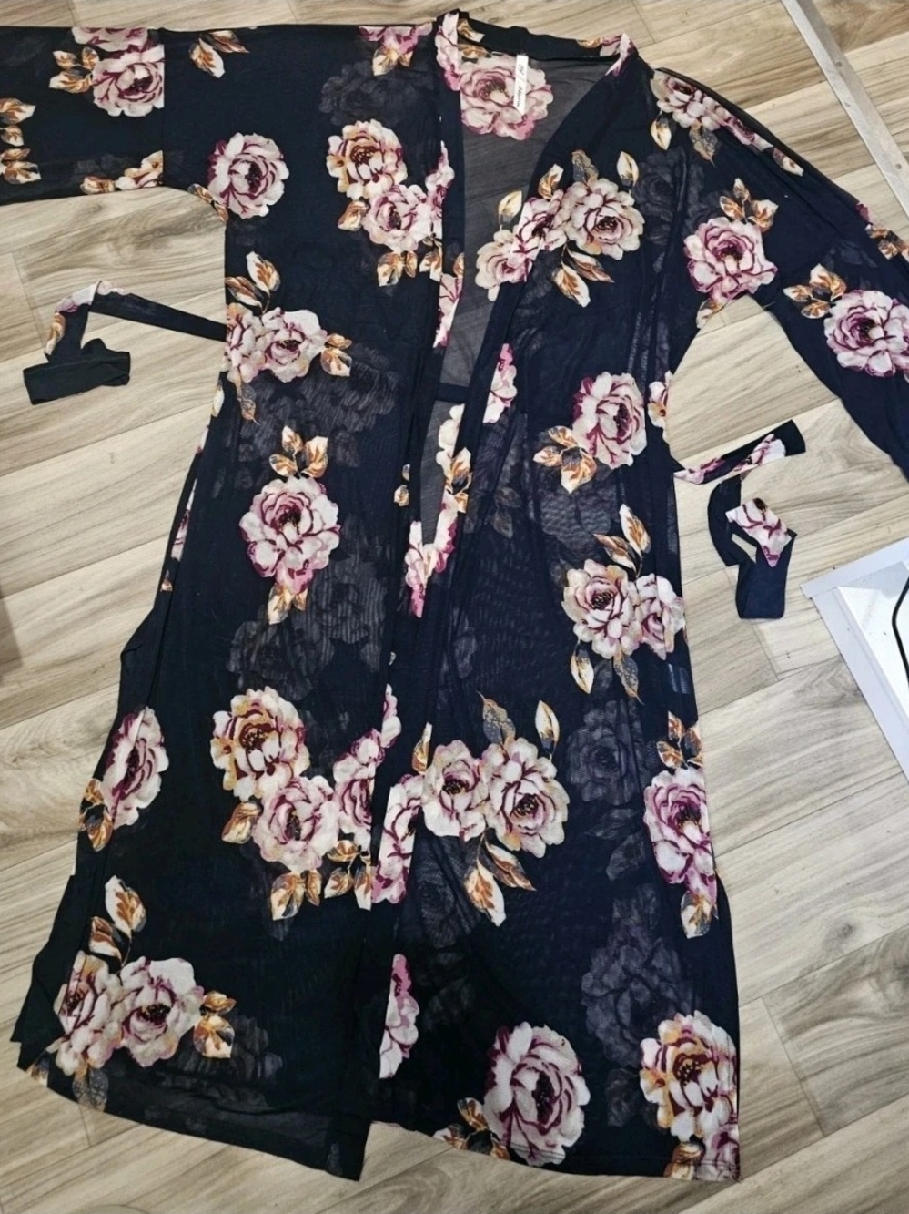 NY Collection Blue Floral Wrap Jumpsuit with Pink Rose Print